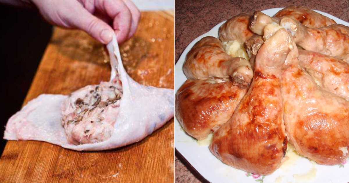 Куриные окорочка фаршированные грибами — пошаговый рецепт в духовке