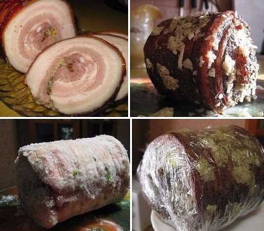 Рулет из тонкого свиного сала — вкусные рецепты со шкуркой, в луковой шелухе, чесноком